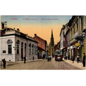1917 Újvidék, Novi Sad; II. Rákóczi Ferenc út, villamos, templom, Lenkey Imre üzlete / street view, tram, shops, church (EK)