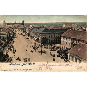 1902 Zombor, Sombor; Fő tér, piac, üzletek. Hecht Mór kiadása / main square, market, shops (vágott / cut)