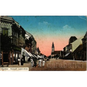 1920 Zombor, Sombor; Kossuth Lajos utca, templom, Széles Antal üzlete / street view, church, shops (fa)