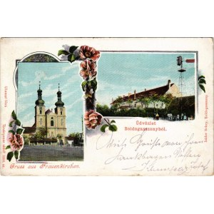 1901 Boldogasszony, Fertőboldogasszony, Frauenkirchen; kegytemplom, kastély, szélmotor, szélmalom. Isidor Schey kiadása / pilgrimage church, castle, motorized windmill. Art Nouveau, floral (Rb)