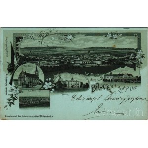 1898 Lajtabruck, Bruck an der Leitha; Pfarrkirche, Schloss Harrach, Bahnhof, K.u.k. Militär-Lager / Plébániatemplom, Harrach (Prugg) kastély, vasútállomás, Cs. és kir. katonai tábor Királyhidán (Bruckújfalu Tábor) / parish church, castle, railway station,