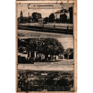 1918 Lajtaszentmiklós, Neudörfl an der Leitha; Bahn, Gasthaus, Totale / vasútállomás, Schachinger Vincce vendéglője, látkép. Schön kiadása, szecessziós keret / railway station, restaurant, general view. Art Nouveau - 12,1 cm x 8 cm (fl)