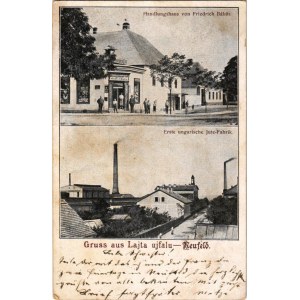1904 Lajtaújfalu, Neufeld an der Leitha; Handlungshaus von Friedrich Bábits, Erste ungarische Jute-Fabrik / Első Magyar Juta-Fonó és Szövőgyár, Bábits Frigyes üzlete / First Hungarian Jute Spinning and Weaving Factory, shop of Bábits (fl)