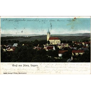 1905 Márcfalva, Márczfalva, Marz; látkép, templom. Samuel Schön kiadása / general view, church (fa)
