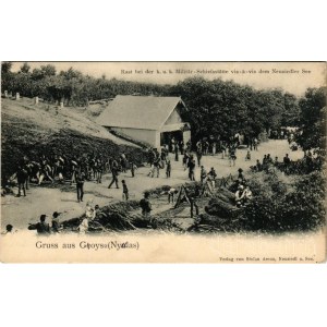 1916 Nyulas, Geoys, Jois; Pihenő katonák a Cs. és kir. katonai lőtéren a Fertő tóval szemben. Stefan Amon kiadása / Rast bei der k.u.k. Militär-Schiessstätte vis-a-vis dem Neusiedler See / resting soldiers at the k.u.k. military shooting range next to Lak