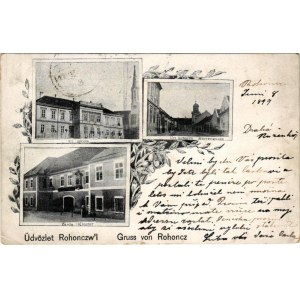 1899 Rohonc, Rechnitz; Evangélikus iskola és templom, zárda, Úri utca / Lutheran school and church, nunnery, street view. Art Nouveau, floral (kis szakadás / small tear)