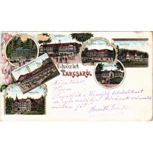 1899 Tarcsa, Tarcsafürdő, Bad Tatzmannsdorf; Miksa-forrás, Gyógyudvar, Forrás épület, Gyógytér és Károly-forrás, Karolina villa, Mária villa, Anna fürdő / spa, mineral springs, villa, baths. Art Nouveau, floral, litho (vágott / cut)