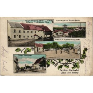 1909 Zurány, Zarándfalva, Zurndorf; Frigyes főherceg malom, Dinamitgyár, Felső Fő út, Fő utca / Erzherzog Friedrichische Mühle, Dynamit-Fabrik, Obere Haupstrasse, Hauptgasse / mill, dynamite factory, main street. Art Nouveau, floral (fl)