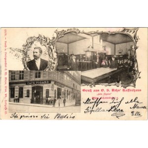 1901 Wien, Vienna, Bécs; D. S. Achs' Kaffeehaus zum Figaro Schottenbastei 5. / Café Figaro, interior with waiters and pool table. Art Nouveau, floral (r)