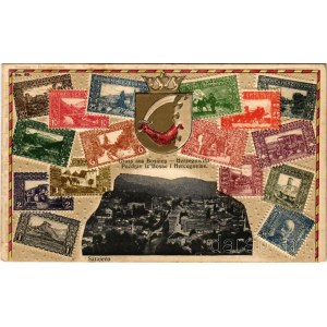 Sarajevo, Gruss aus Bosnien-Herzegowina / Pozdrav iz Bosne i Hercegovine / Art Nouveau, Emb. litho frame with Bosnian stamps and coat of arms. Ansichtskarten-Bazar Cappon (pinhole)