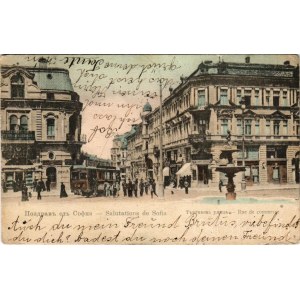 1909 Sofia, Sophia, Sofiya; Rue de commerce / street view, tram, shops (pinholes)
