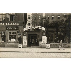 Praha, Prague, Prága; Blazejova Restaurace / Restaurant Blazej, entrance with waiters and cook. Fotolegie Praha photo
