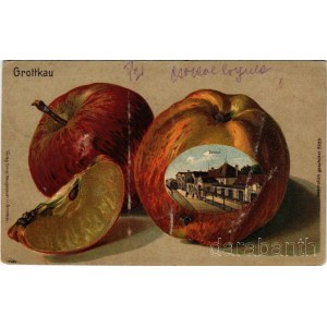 1915 Grodków, Grottkau; Bahnhof / railway station. Ernst Neugebauer Art Nouveau, litho with Emb. apples + Reserve-Lazarett Grottkau (cut)