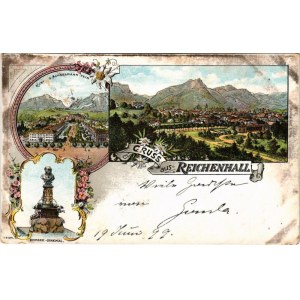 1899 Bad Reichenhall, Kurhaus Achselmannstein, Bismarck Denkmal. Moch &amp; Stern (München) / view, spa, monument. Art Nouveau, floral, litho (surface damage)