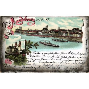 1897 Magdeburg, Dom / view, steamship, cathedral. Art Nouveau, floral, litho (small tear)