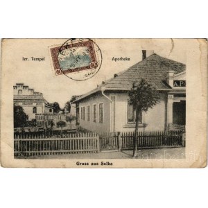 1920 Solca, Szolka, Solka (Bukovina, Bucovina, Bukowina); Izr. Tempel, Apotheke. Verlag Michael Schaffer / zsinagóga, gyógyszertár / synagogue, pharmacy (szakadás / tear)