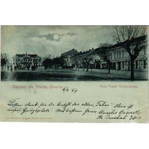 1899 Turnu Severin, Szörényvár; Piata Tudor Vladimirescu / square at night in moonlight, shop of T. E. Rissdorfer. Edit. Josef Frisch (fa)