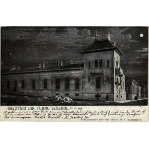 1899 Turnu Severin, Szörényvár; Un edificiu din Bulevardul Carol / street view at night in moonlight. Edit. D. R. Raducanescu