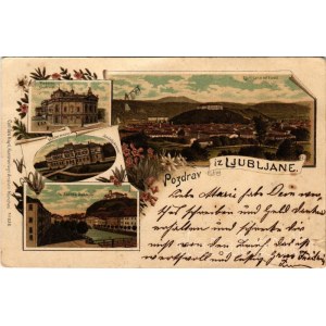 1901 Ljubljana, Laibach; Dezelno gledisce, Dezelni muzej, Rudolphinum, Sv. Jacoba nabrezje, od Tivoli. Carl Otto Hayd Kunstverlags-Anstalt No. 252. / theatre, museum, general view, bridge, castle. Art Nouveau, floral, litho (tear)