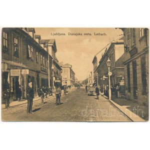 1917 Ljubljana, Laibach; Dunajska cesta / street view, shop of K. Camernik, tram + K.U.K. RESERVESPITAL Nr. 3. in LAIBACH Militärpflege (wet damage)