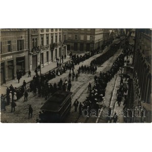 Ljubljana, Laibach; K.u.K. military parade, marching soldiers, tram, shops. Atelier J. Pogacnik photo