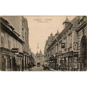 Ljubljana, Laibach; Presernova ulica / street view, restaurant, tram, publisher's shop (Emil Dobric) (EK)
