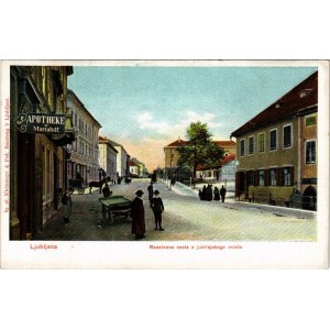 Ljubljana, Laibach; Reselnova cesta z jubilejskega mosta / Apotheke zu Mariahilf / street view, pharmacy, shops. Kleinmayr &amp; Fed. Bamberg