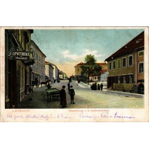 1905 Ljubljana, Laibach; Resselstrasse v. d. Jubiläumsbrücke, Apotheke zu Mariahilf / street view, pharmacy (EK)