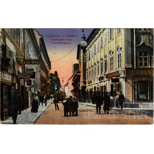 1922 Ljubljana, Laibach; Selenburgove ulice / Schellenburggasse / street view, shops of Jakob Traun, Cascio, P. Cassermann (worn corners)