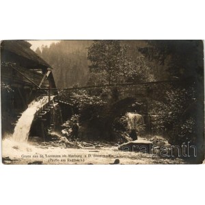 1907 Lovrenc na Pohorju, Sankt Lorenzen am Bachern, St. Lorenzen ob Marburg; Partie am Radlbach / riverside, watermill, bridge. Alois Jäger (EK)