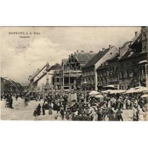 1906 Maribor, Marburg; Hauptplatz / main square, market, shops, construction (EK)