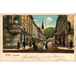 1905 Terme Dobrna, Bad Neuhaus bei Cilli (Celje); Hauptplatz / main square, shops. Fritz Rasch Art Nouveau, litho (EB)