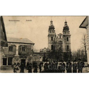 1912 Bohorodchany, Bohorodczany; Kosciól / church, shop of Israel Kern (crease)