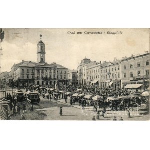 1917 Chernivtsi, Czernowitz, Cernauti, Csernyivci (Bukovina, Bucovina, Bukowina); Ringplatz / market square, town hall, tram, shops. Verlag Leon König (fl)