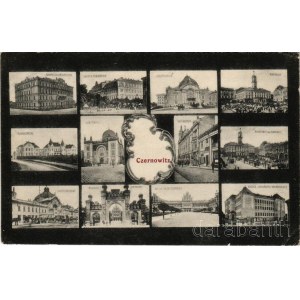 Chernivtsi, Czernowitz, Cernauti, Csernyivci (Bukovina, Bucovina, Bukowina); Verlag Moritz Gottlieb / multi-view postcard with 10 images: theatre, town hall, hospital, synagogue, main railway station, bishop's palace, school (EB)