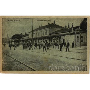 1915 Rava-Ruska, Rawa Ruska; Dworzec kolejowy / railway station, locomotive, train + K.U.K. FELDPOSTAMT 203 (cut)