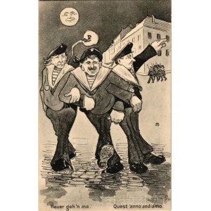 Heuer geh'n ma / Quest 'anno andiamo / K.u.K. Kriegsmarine Matrose / Austro-Hungarian Navy mariner humour art postcard, drunk mariners at night. G. Fano, Pola 1908. s: Ed. Dworak