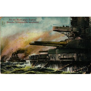 1917 Auf der Wacht gegen England. Deutsche Schlachtschiffe kampfberein. K.u.k. Kriegsmarine / WWI German Navy attacking the British warships s: Willy Stöwer + K.u.k. Heeresbahn-Süd Adrani (fa)