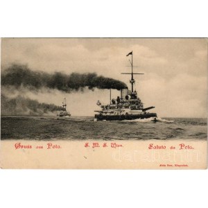 Pola, Pula; SMS WIEN Osztrák-Magyar Haditengerészet Monarch-osztályú partvédő csatahajója / K.u.k. Kriegsmarine / Austro-Hungarian Navy SMS Wien coastal defense ship. Alois Beer