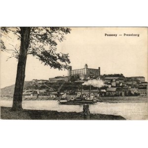 1913 Pozsony, Pressburg, Bratislava; MÁTRA oldalkerekes vontató gőzhajó a vár alatt / Hungarian sidewheeler steam tug with the castle. She was requisitioned by the k.u.k. Zentraltransportleitung (ZTL) at some point during the First World War for service o
