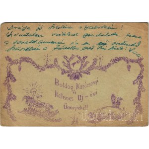 Boldog Karácsonyi és Kellemes Újévi Ünnepeket! Kézzel rajzolt Tábori Postai Levelezőlap / WWII Hungarian military hand-drawn art postcard, Christmas and New Year greetings, angel, pig + Tábori postahivatal 29 (gyűrődések / creases)