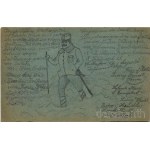 1915 Katonai, kézzel rajzolt képeslap / WWI. Austro-Hungarian K.u.K. military, custom made postcard + K.u.K. Schwere Haubitzdivision Nr. 2. Kolonne 3. (EK)