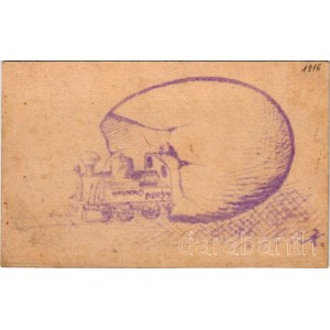 Első világháborús kézzel rajzolt egyedi katonai művészlap, gőzmozdony, vasút / Feldpostkarte / WWI Austro-Hungarian K.u.k. military field postcard, with hand-drawing, locomotive (Rb)