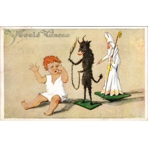 1929 Veselé Vánoce / Karácsonyi üdvözlet Krampusszal, Mikulással és síró gyerekkel / Christmas greeting art postcard with Krampus, Saint Nicholas and crying child s: B. Kozina (EK)
