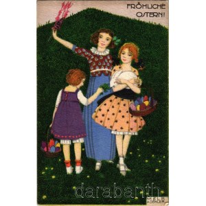 Fröhliche Ostern! / Lady art postcard with Easter greeting and children. B.K.W.I. 4636-6. s: Mela Koehler (EK)