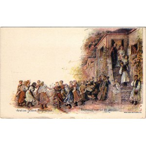 Aratási jelenet Nógrádban. Ezredéves Országos Kiállítás / Harvest in Nógrád County. Hungarian Millennium Exhibition folklore art postcard. + barna 2 Kr. Ga. s: K.L. (gyűrődések / creases)