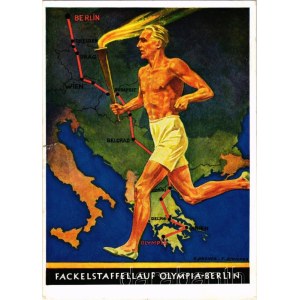 1936 Fackelstaffellauf Olympia - Berlin. Werbe-Postkarte Nr. 6. für die Olympischen Spiele 1936 / Olimpiai fáklyaváltó futás Berlinben / Olympic torch relay in Germany + So. Stpl s: G. Dreher - F. Schicker (szakadás / tear)