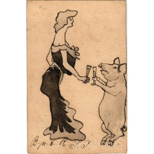 1905 Egyedi, kézzel rajzolt újévi üdvözlőlap malaccal / hand-painted New Year art postcard with pig (vágott / cut)