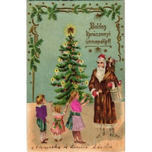 1901 Boldog karácsonyi ünnepeket! Mikulás dombornyomott szövetberakással, gyerekekkel és játékokkal karácsonykor / Christmas greeting with Saint Nicholas, children and toys on Christmas Eve. Emb. litho with silk (r)