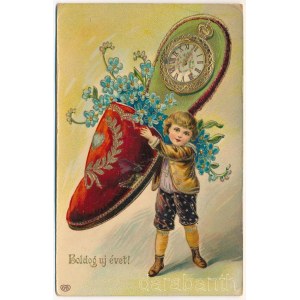 1910 Boldog Újévet / New Year greeting art postcard. EAS Emb., floral, litho (EK)